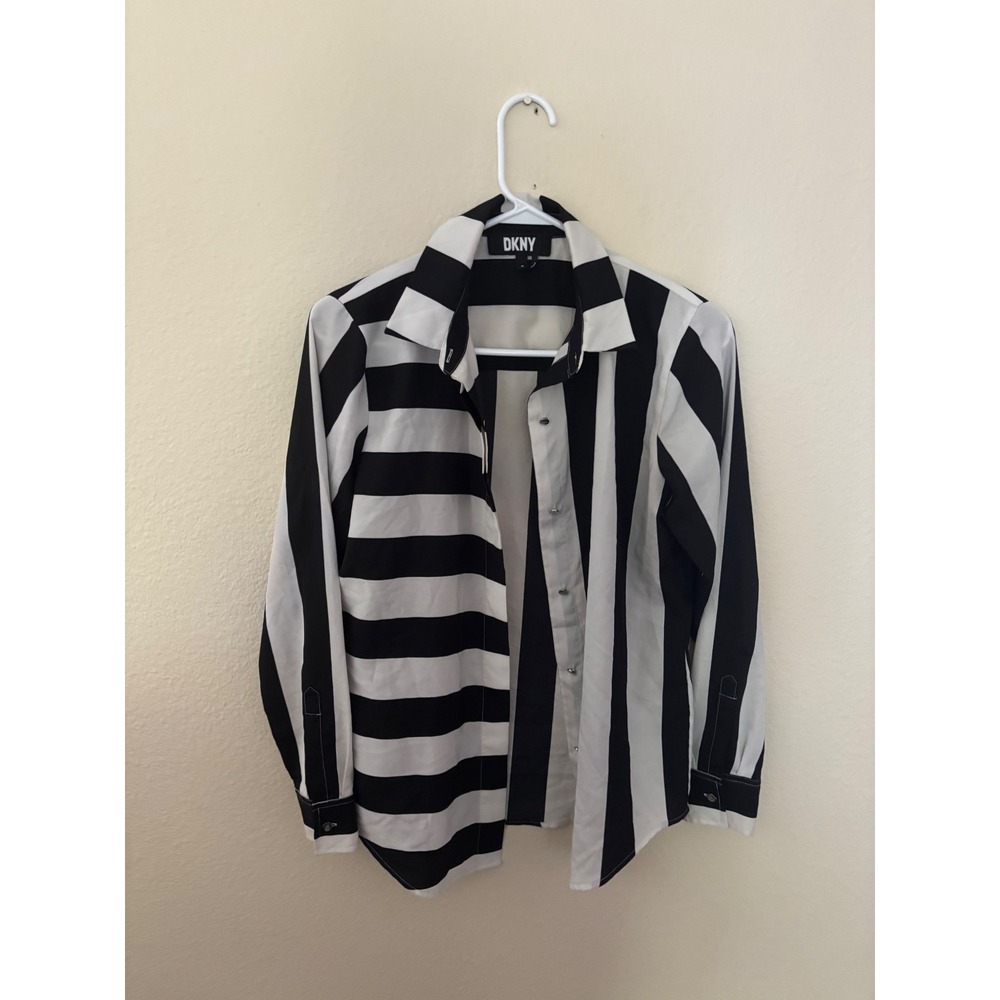 DKNY Womens Black White Striped Long Sleeve Button Down Blouse Shirt XS A1121